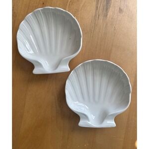 Hall China White Ceramic Scallop Shell Trinket Dish Set of 2 Vintage 254 USA